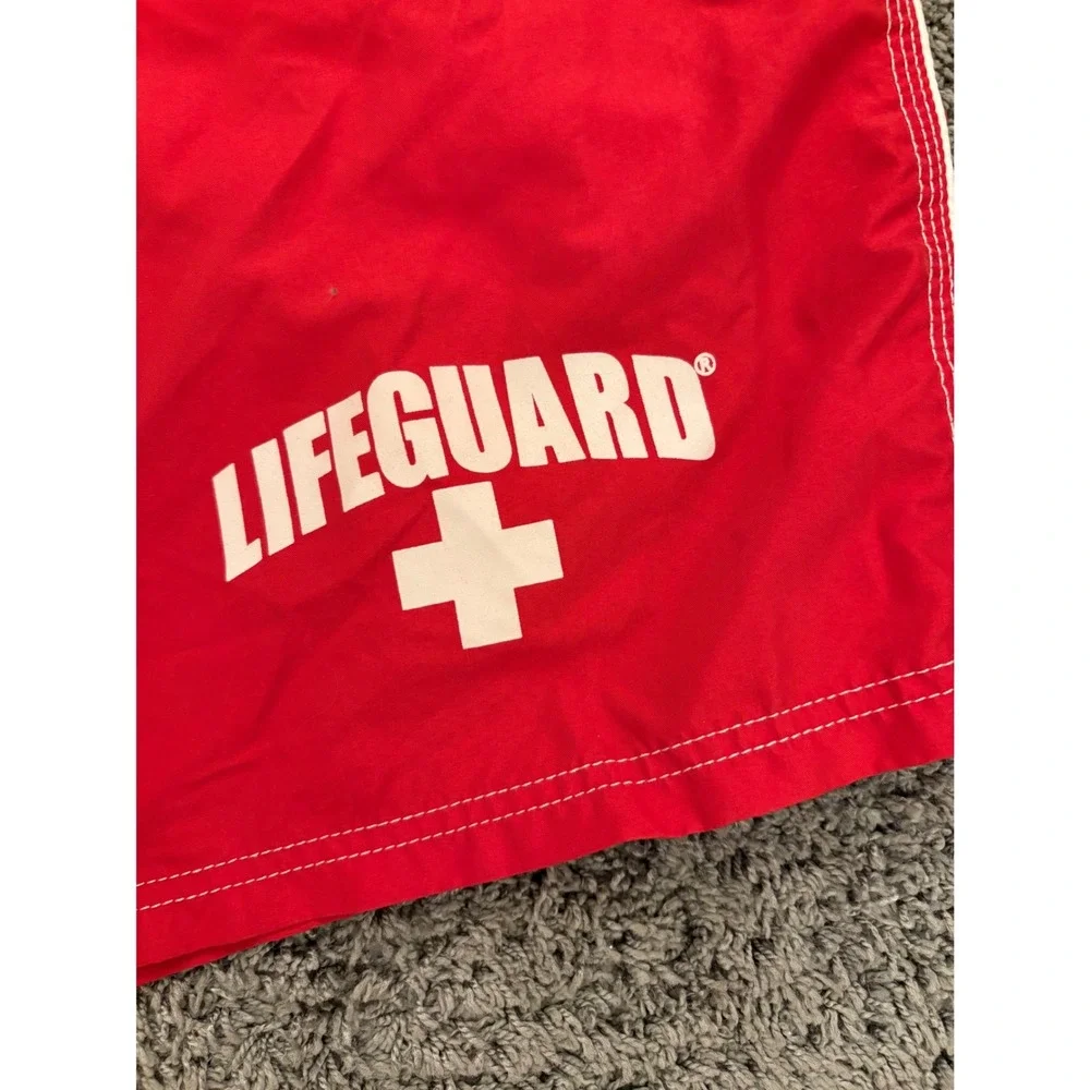 Lifeguard Mens Red Swim Trunks Board Shorts Cargo Pocket Mesh Lining Small